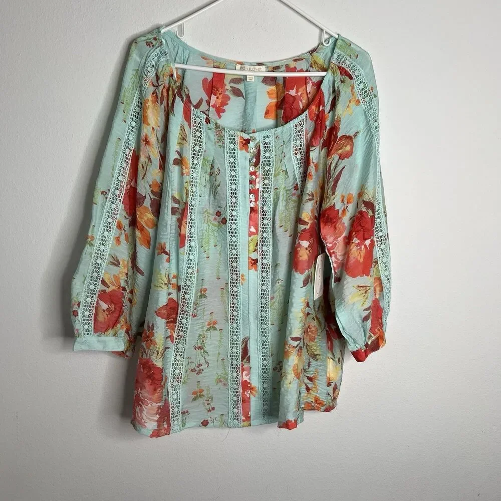 Fig Flower Women’s Floral Blouse Crochet Boho Long Sleeve Plus SZ 2X